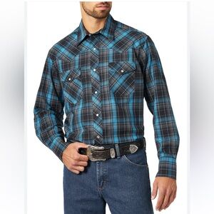 WRANGLER Men’s Pearl Snap Long Sleeve Plaid Western Shirt MEDIUM Blue/Black